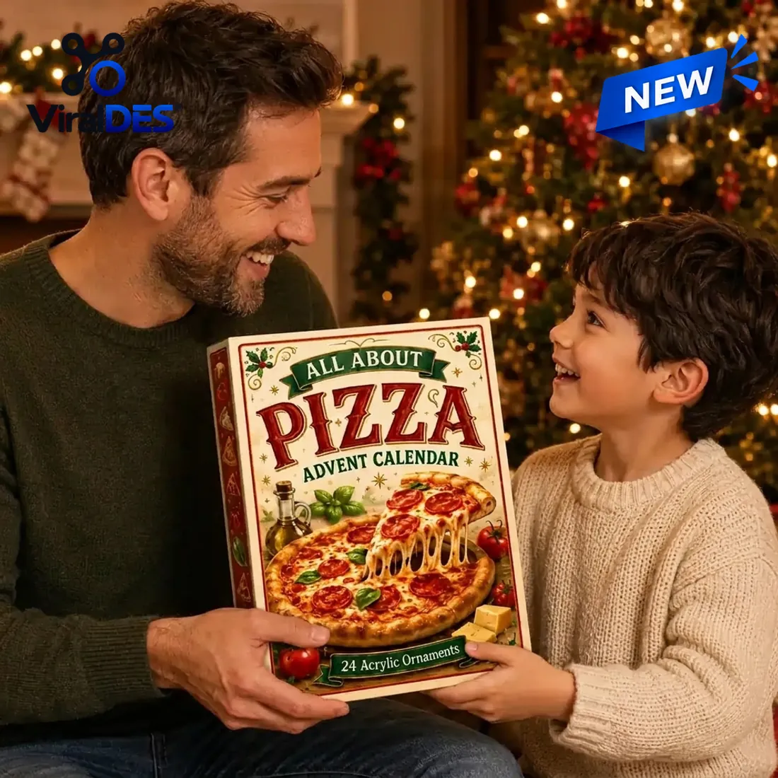 Father and son holding the All About Pizza Advent Calendar 2026 box in front of a lit Christmas tree