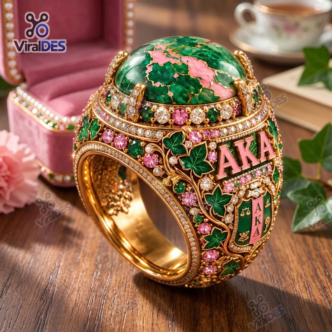 Side profile of the Alpha Kappa Alpha Gold Ring highlighting salmon-pink AKA letters, enameled ivy leaves, and sorority shield