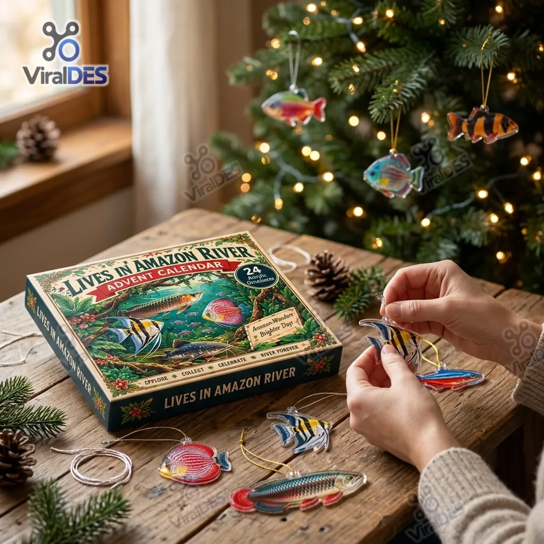 Hands holding an Angelfish acrylic ornament beside the Amazon River Advent Calendar box with fish ornaments hanging on a Christmas tree in the background