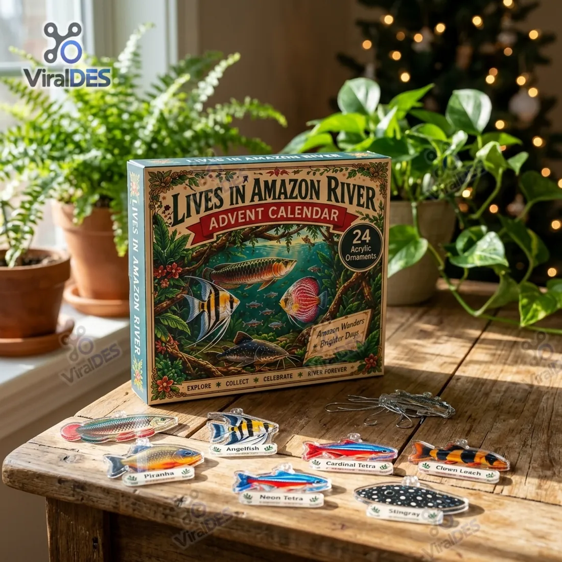 Amazon River Fish Species 2026 Advent Calendar box upright on a wooden table beside flat acrylic ornaments of Arapaima, Angelfish, Piranha, Neon Tetra, Cardinal Tetra, Clown Loach, and Stingray