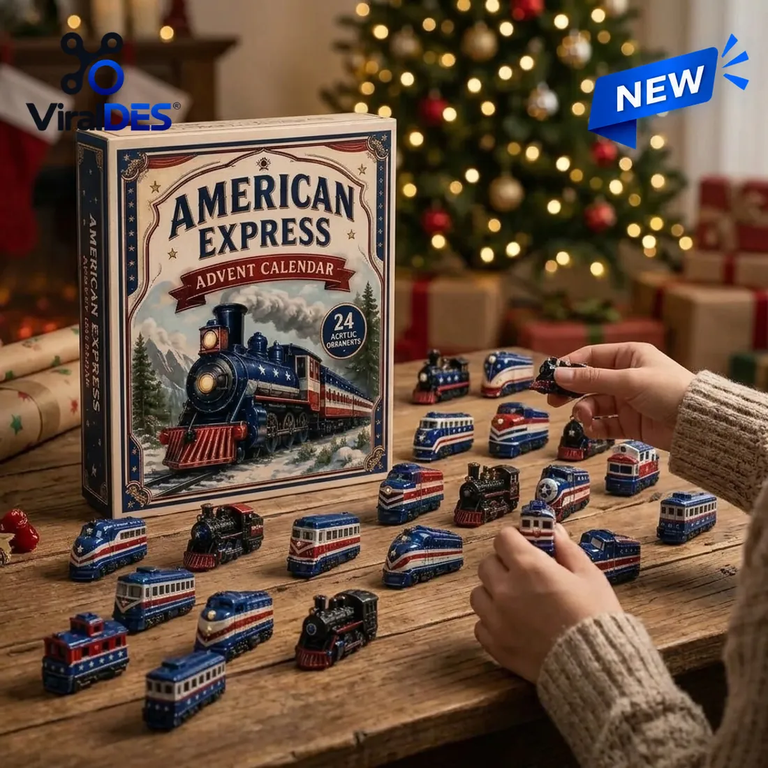 Child unpacking miniature patriotic steam locomotives and passenger railcars from the American Express Advent Calendar on a wooden table