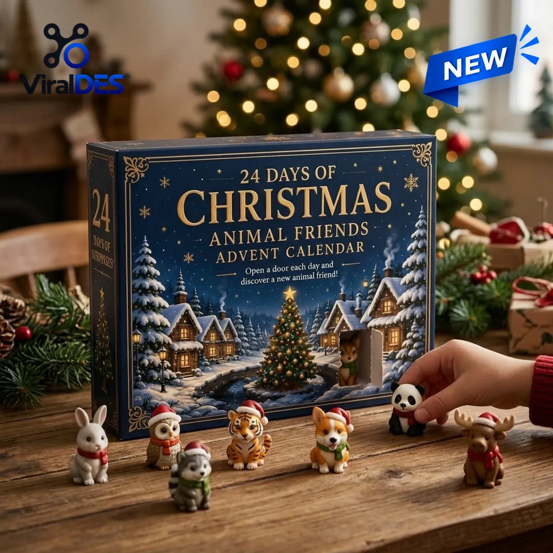 Child unboxing the panda, corgi, tiger, owl, and moose figurines from the perforated doors of the Animal Friends Christmas Advent Calendar