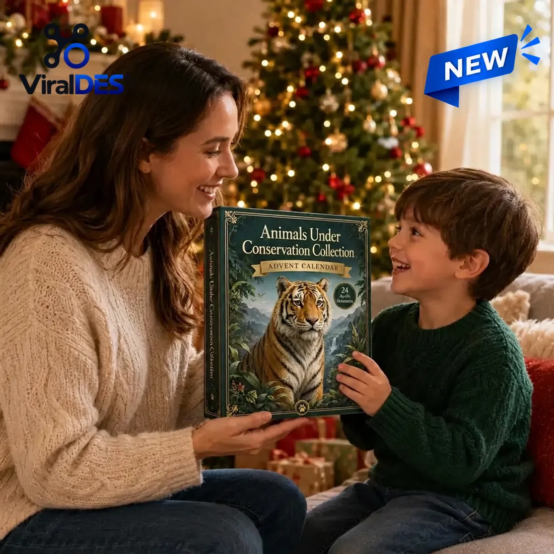 Mother and child holding the Animals Under Conservation Collection Advent Calendar 2026 in front of a lit Christmas tree