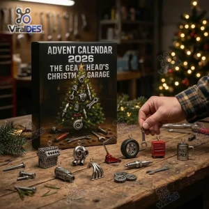 Front view of Gearhead Christmas Garage Advent Calendar 2026 with mechanical tool trinkets on a wooden table.