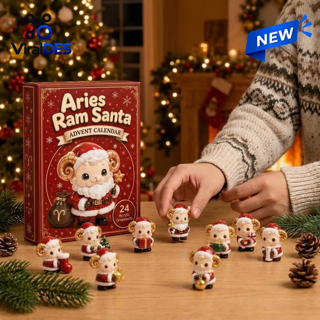 Hands arranging Aries Ram Santa Advent Calendar 2026 ornaments holding a candle, candy cane, and star wand on a wooden table