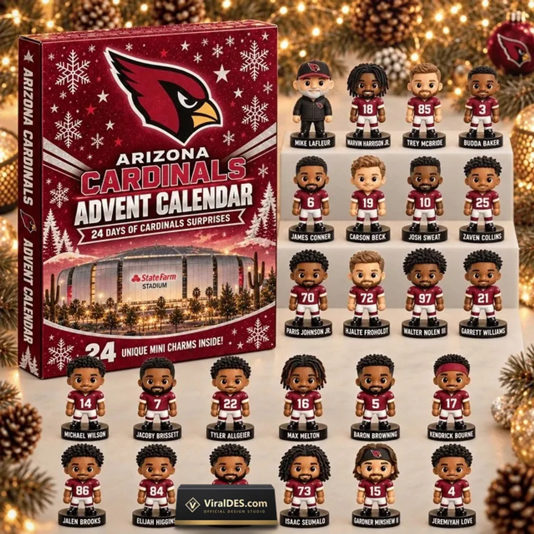 Arizona Cardinals 2026 Advent Calendar collector box beside all 24 miniature player and coach figurines on tiered display shelves