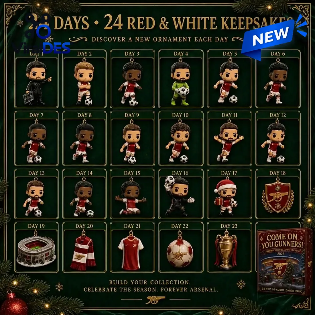 24-day numbered grid of the Arsenal FC 2026 Christmas Football Advent Calendar featuring 17 miniature 3D squad figures and 7 club emblem ornaments