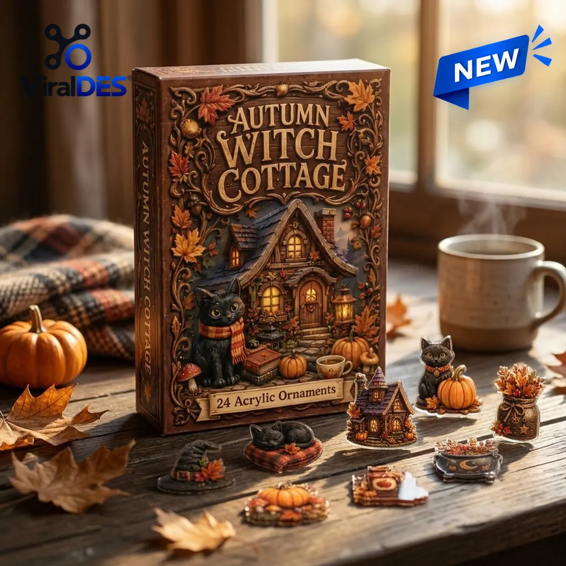Autumn Witch Cottage Advent Calendar book-style box on a rustic wooden table with acrylic black cat, cottage, and cauldron ornaments