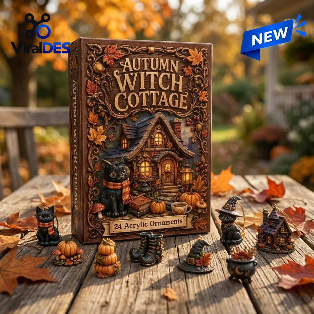 Outdoor wooden table arrangement of Autumn Witch Cottage Advent Calendar with hanging loop acrylic charms of witch boots, hat, and black cats
