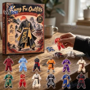 Front view of Kung Fu Outfits Christmas Advent Calendar box with acrylic outfit ornaments on a table.