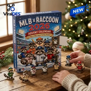 Front view of the MLB x Raccoon 2026 Advent Calendar box on a wooden table with raccoon figurines.