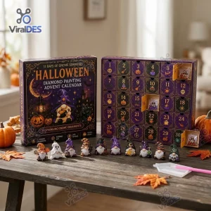 Front view of a Halloween Gnome Diamond Painting Advent Calendar with box and finished figures.
