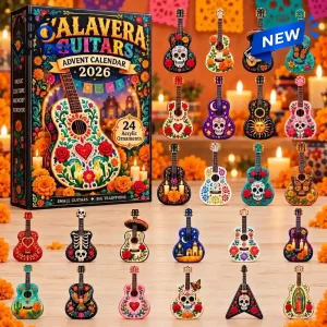 Front view of the Calavera Guitar Advent Calendar 2026 box with twenty-four acrylic ornaments displayed on a table.