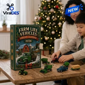 Front view of Farm Life Vehicles Advent Calendar 2026 box with miniature farm toys on wooden table.
