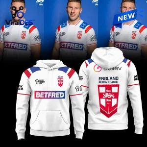 Front and back view of England Rugby World Cup 2026 white hoodie with team graphics.