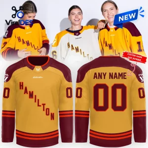 Three models wearing gold and maroon PWHL Hamilton 2026 Customized Hockey Jersey designs.