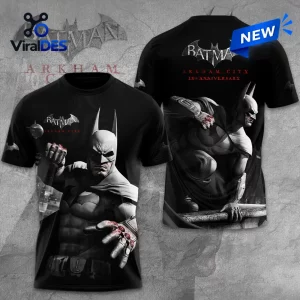 Front and back views of a black t-shirt featuring Batman Arkham City graphics and a blue new banner.