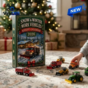 Front view of Snow & Winter Work Vehicles Advent Calendar 2026 with toy vehicles on a rug.