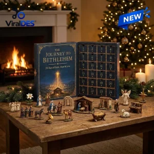 Front view of The Journey to Bethlehem Advent Calendar 2026 with figurines displayed on a wooden table.