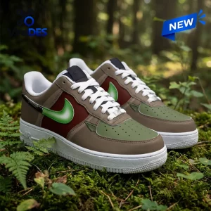 Side view of Star Wars Yoda brown custom Air Force 1 sneakers placed on moss in a forest.