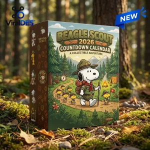 Front view of the Peanuts Snoopy Beagle Scout 2026 Advent Calendar in a forest setting.