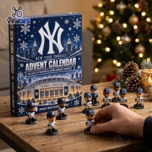 Front view of New York Yankees Advent Calendar box with miniature figurines on a wooden table.