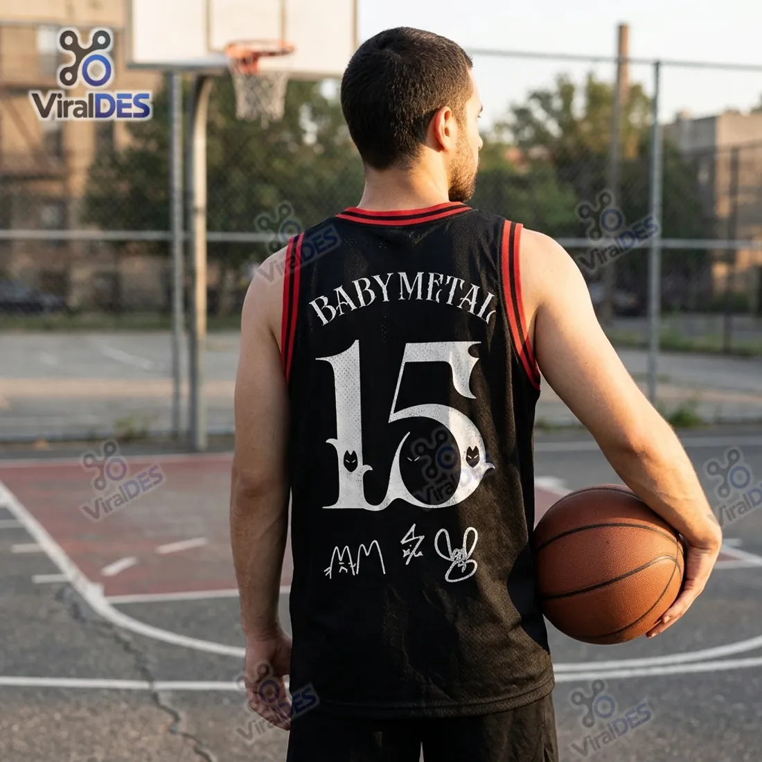 Outdoor basketball court view of the BABYMETAL 15 black mesh jersey with crimson and black striped ribbed trim