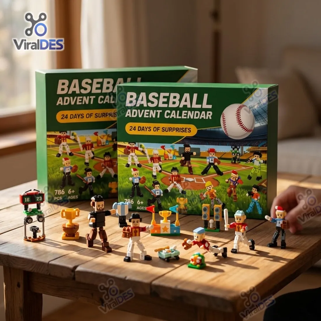 Baseball Mini Figures Advent Calendar box on a sunlit wooden table with articulated brick-built baseball players and trophies