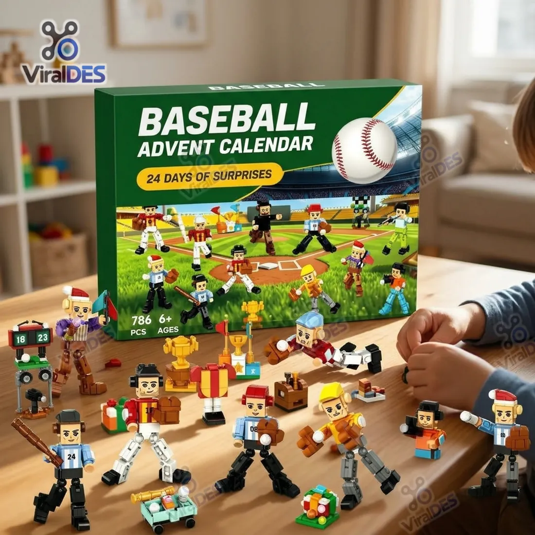Child assembling articulated baseball mini figures and stadium accessories in front of the green Baseball Advent Calendar box