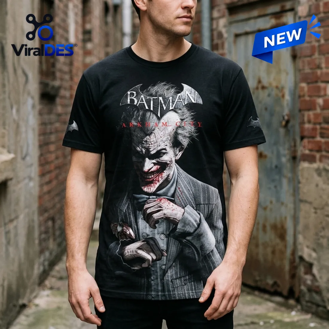 Front view of a model wearing the Batman Arkham City 15th Anniversary T-Shirt featuring the monochrome Joker portrait with crimson grin