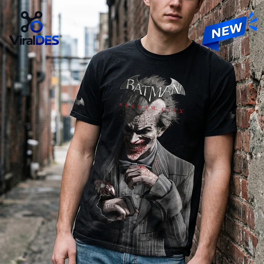 Close-up street view of the Batman Arkham City 15th Anniversary T-Shirt showing the fine pinstripe shading and sleeve bat-wing emblems