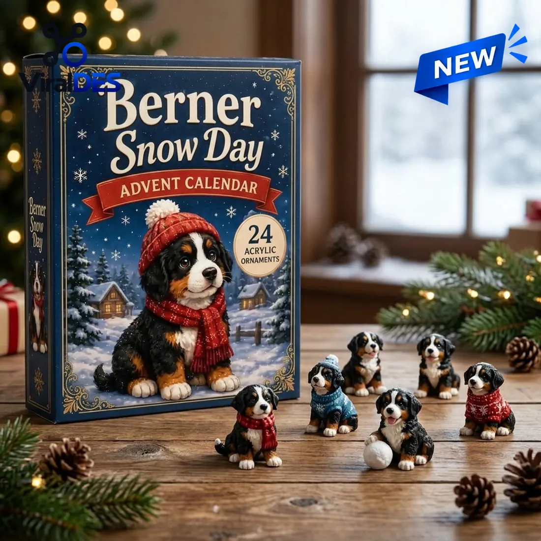 Berner Snow Day Advent Calendar box on a wooden table beside tricolored Bernese Mountain Dog ornaments in knit sweaters and scarves