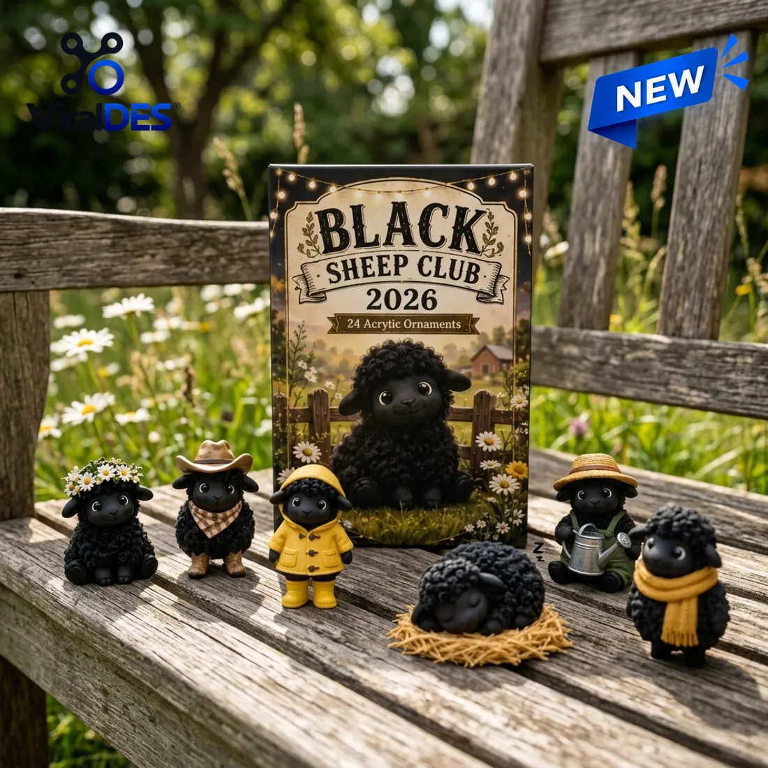 Black Sheep Club 2026 Advent Calendar displayed on a rustic garden bench with six black sheep ornaments