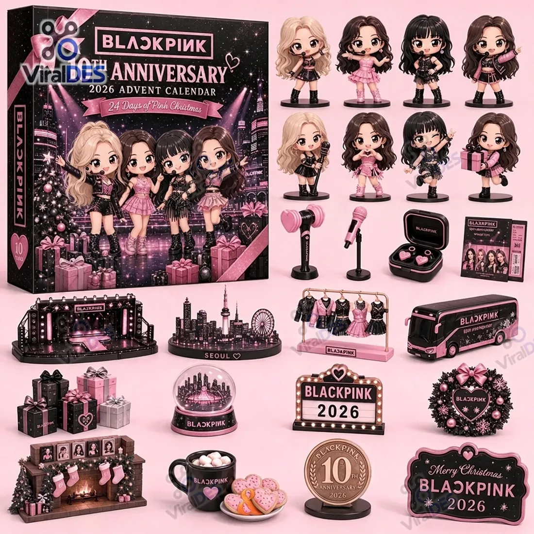Complete lineup of the Blackpink 10th Anniversary Advent Calendar 2026 showing the black-and-pink box, 8 chibi member figurines, Bi-Ping-Bong lightstick, concert stage, Seoul skyline, tour bus, and holiday diorama pieces