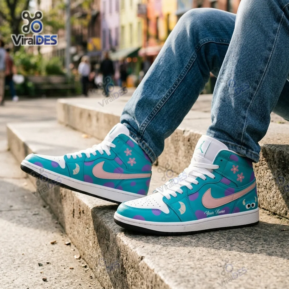Outdoor view of the Blue Purple Monster Custom High Top Sneakers worn with blue denim jeans on stone steps