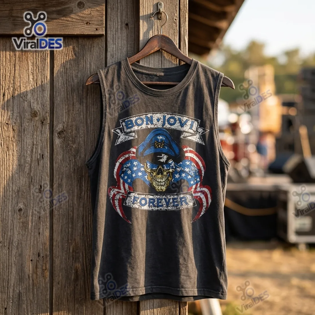 Bon Jovi Forever Tour 2026 Basketball Jersey hanging on a wooden hanger showing the weathered charcoal base and front skull captain emblem