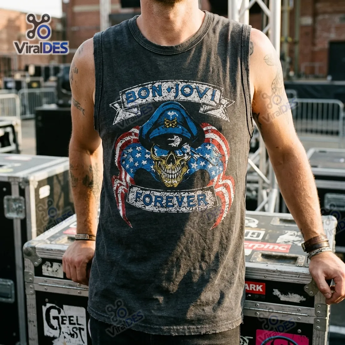 Close-up worn view of the Bon Jovi Forever Tour 2026 sleeveless jersey leaning against roadie flight cases