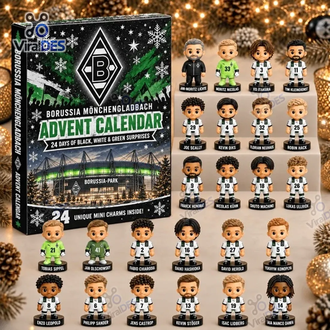 Borussia Monchengladbach Advent Calendar collector box alongside all 24 named 3D player figurines on circular bases