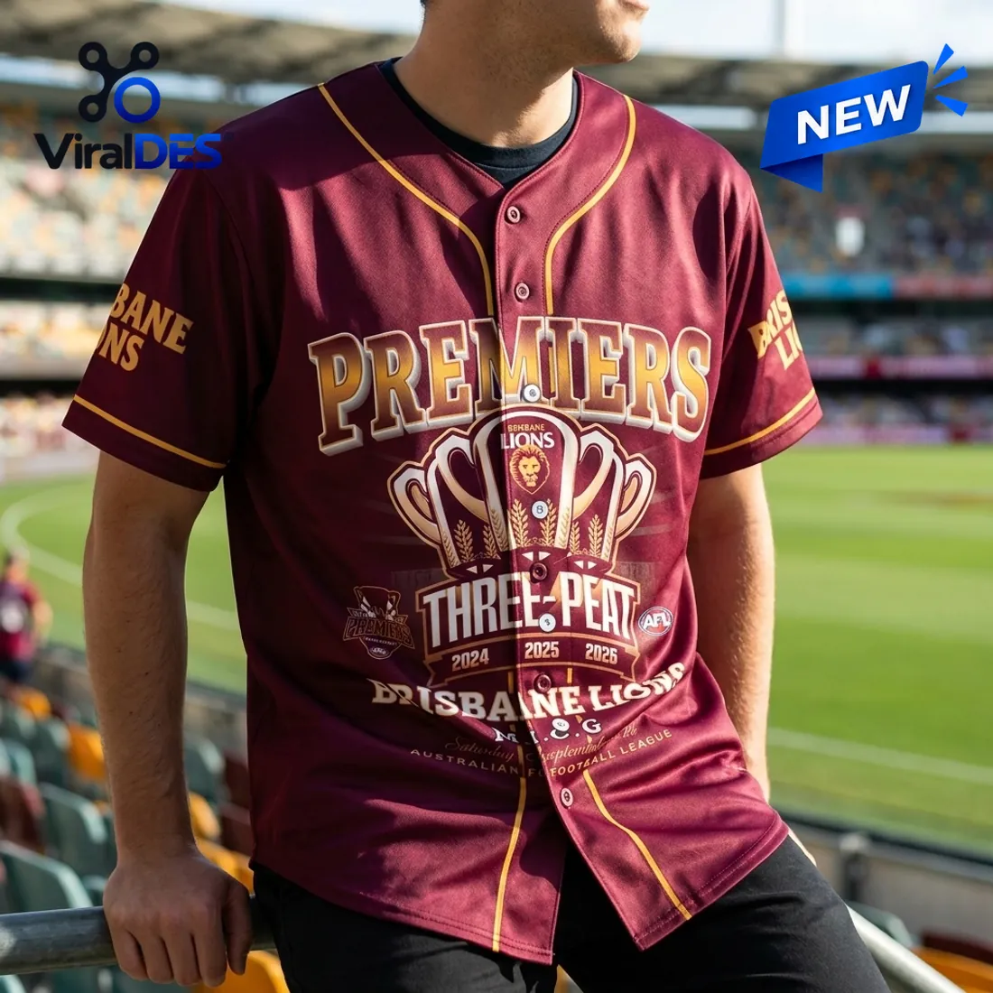 Front view of the Brisbane Lions 2026 AFL Premiers Maroon Baseball Jersey displaying the three Premiership cups and MCG date inscription