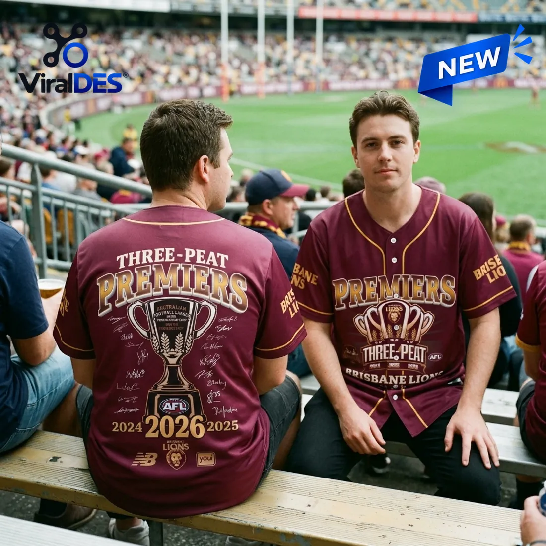 Front and back hanger view of the Brisbane Lions 2026 AFL Premiers Maroon Baseball Jersey highlighting the 2026 Premiership Cup and sleeve lettering