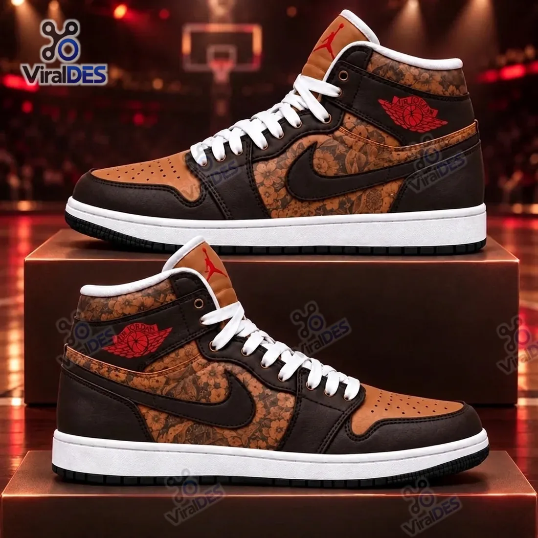 Side profile pair view of the Brown Floral High Top Air Jordan Sneakers displaying the tan botanical floral quarter panels, espresso Swoosh, and crimson Wings logo