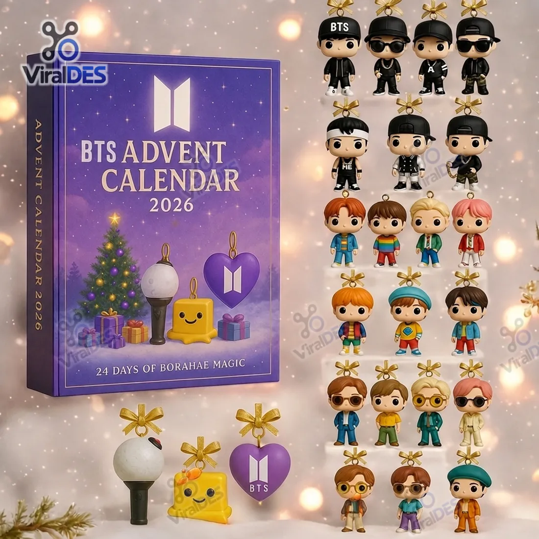 Complete 24-piece lineup of the BTS Advent Calendar 2026 displaying the purple book box, 21 chibi member figurine ornaments, and 3 fandom icon charms