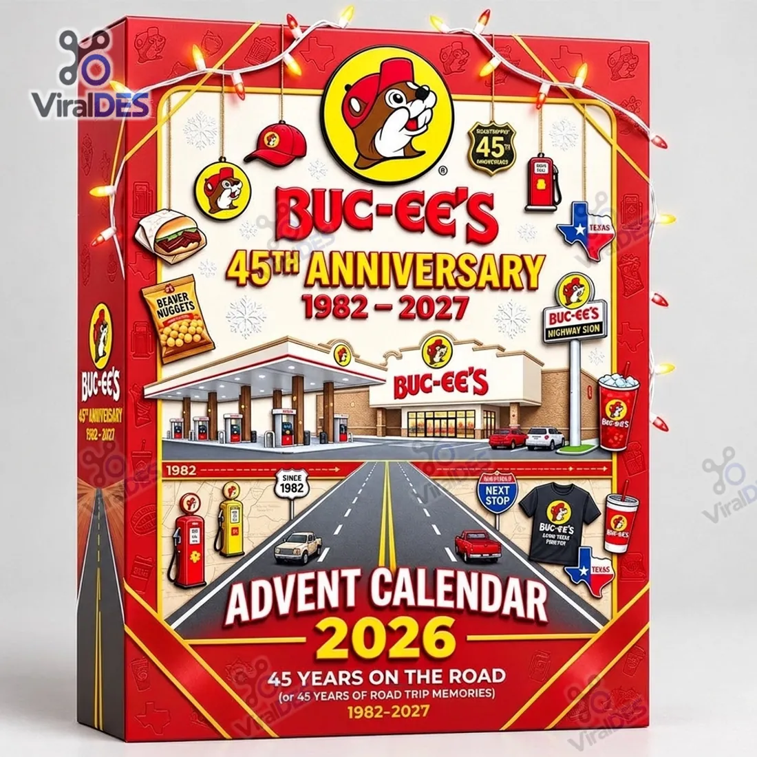 Close-up view of the Buc-ee's 45th Anniversary Advent Calendar 2026 collector box displaying the 1982-2027 highway artwork and spine details