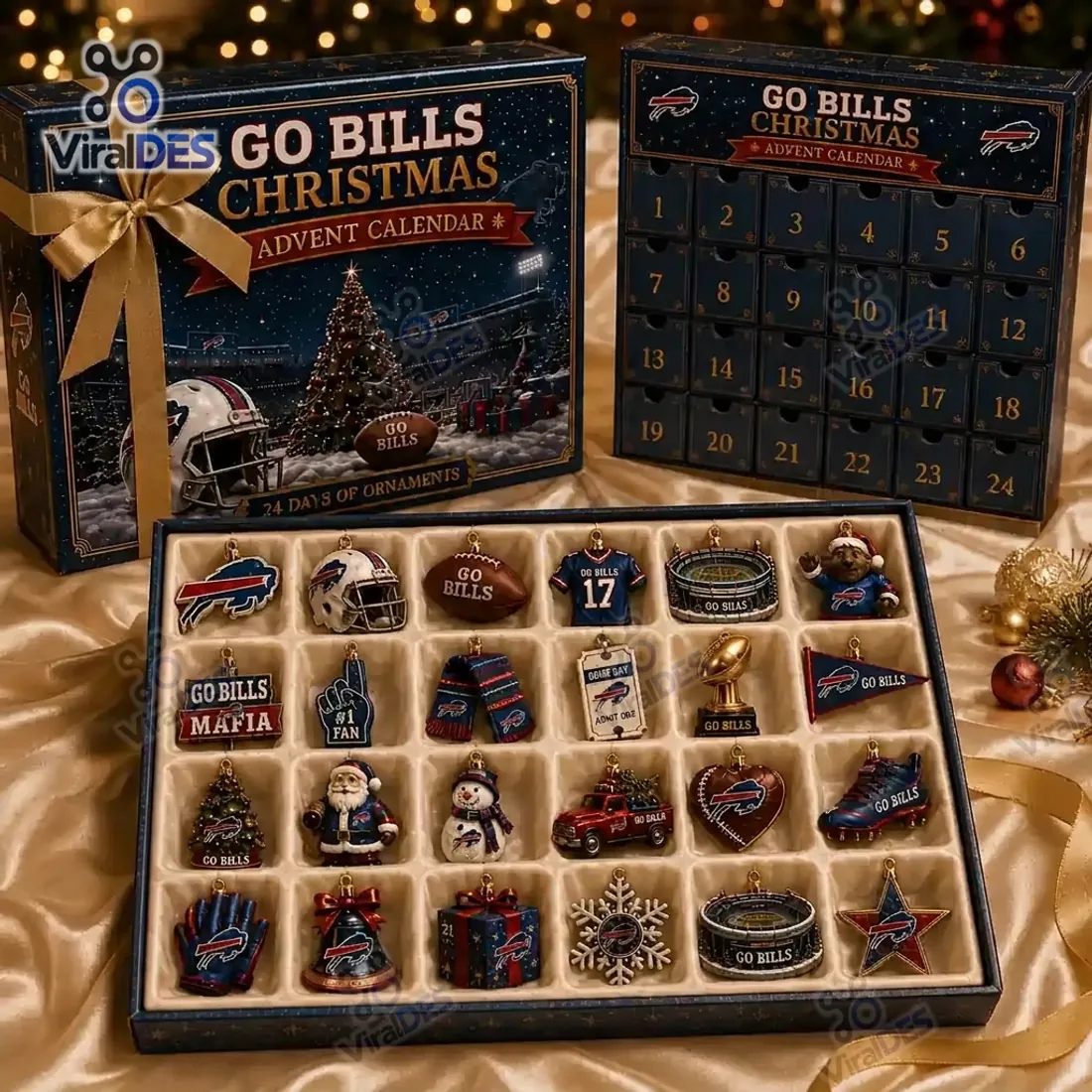 Close-up view of all 24 Buffalo Bills Christmas tree ornaments arranged inside the cream 24-slot collector tray