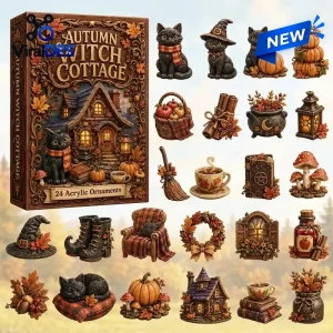 Front view of an Autumn Witch Cottage Advent Calendar box with twenty-four acrylic ornaments displayed around it.