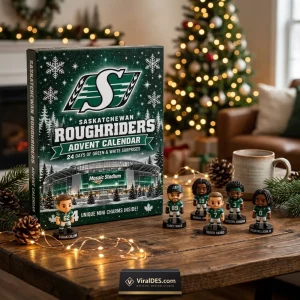 Front view of a Saskatchewan Roughriders 2026 Advent Calendar box on a wooden table with mini figurines.