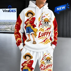 Front view of One Piece Luffy anime hoodie and pants featuring character graphics.