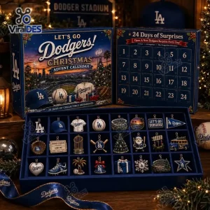 Front view of a Los Angeles Dodgers Baseball Advent Calendar with open box revealing twenty-four numbered compartments and themed ornaments.