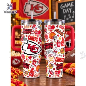 Front view of two 40oz tumbler cups featuring Kansas City Chiefs red and white football graphics.
