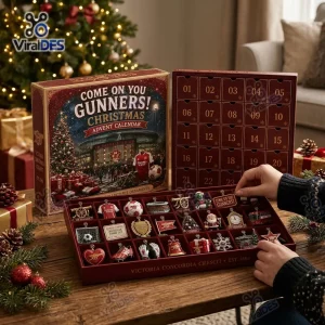 Front view of an Arsenal Christmas Advent Calendar 2026 with numbered compartments open to reveal miniature collectible ornaments.